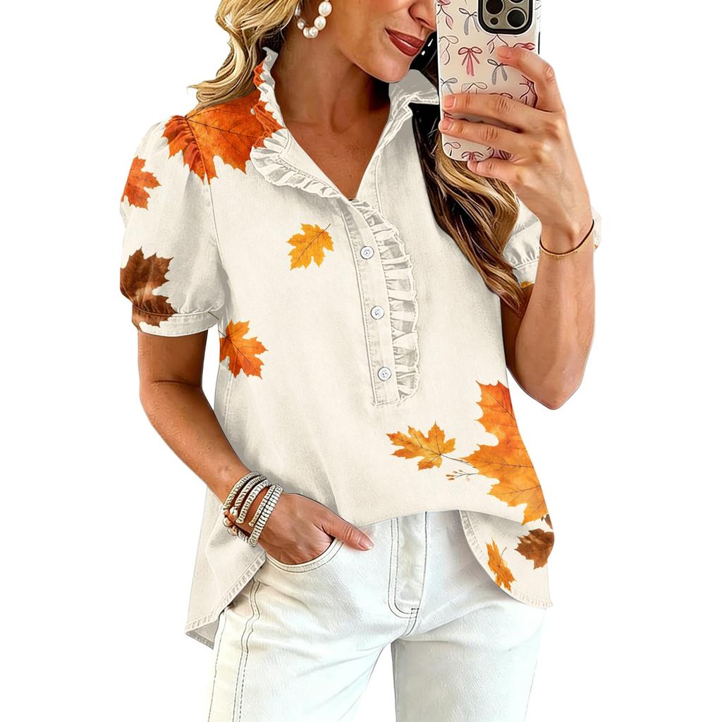 Women's Fashion Casual Ruffled V-Neck Print Blouse Top
