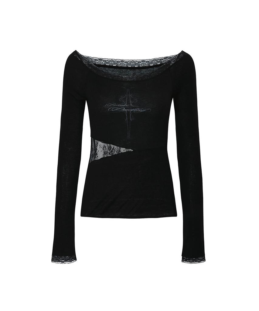 PAINORPLEASURE Lace Boatneck Top Black
