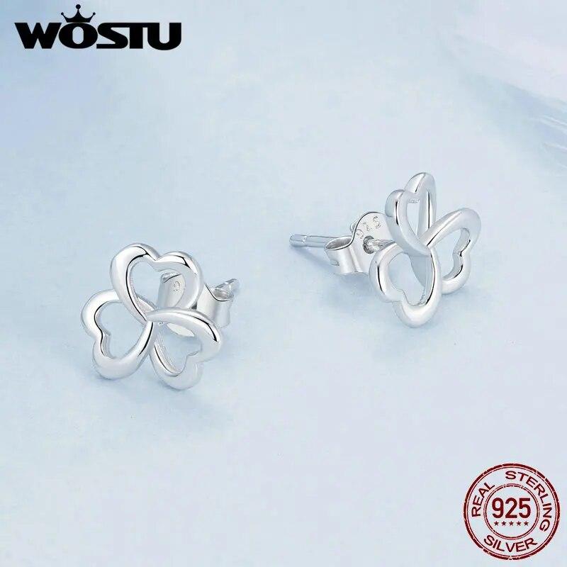 WOSTU Original 925 Sterling Silver Clover Stud Earrings Ear Studs Plated White Gold Fine Jewelry For Women Wedding Party Gift