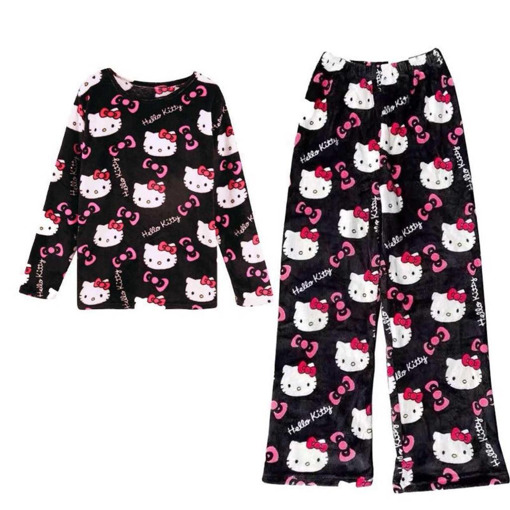 Damen Koreanischer Stil Flanell Cartoon Pyjamahose Set – Herbst/Winter Dickes Korallenfleece, Warme Lässige Homewear, Geeignet für Draußen
