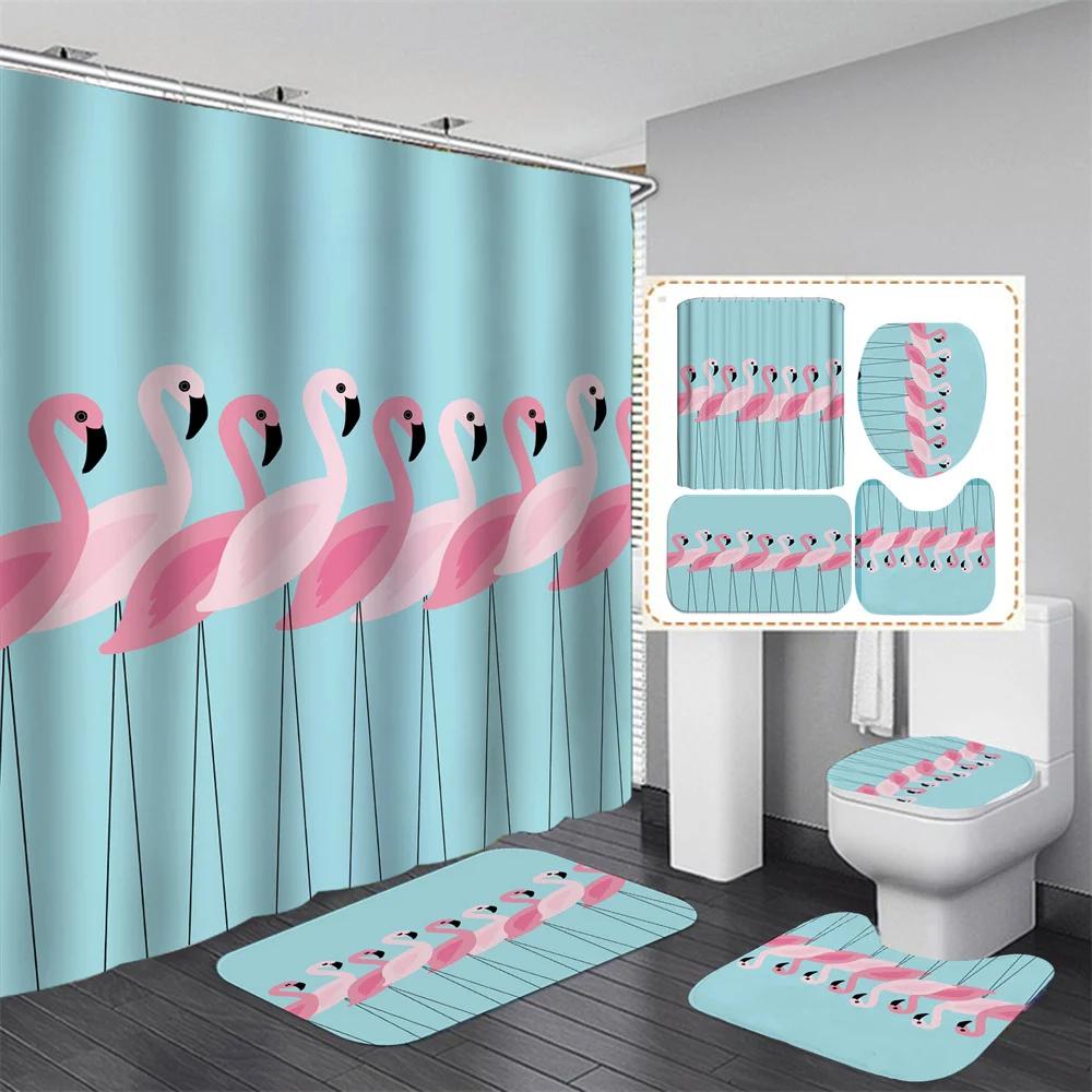 Pink Flamingo Tropical Leaves 3D Hd Shower Curtain Set Waterproof Polyester Bathroom Shower Curtain Set With Mat Non-Slip Rugs