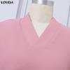 VONDA Plus Size Women Casual Loose V Neck Long Sleeve High Split Irregular Long Blouse Tops
