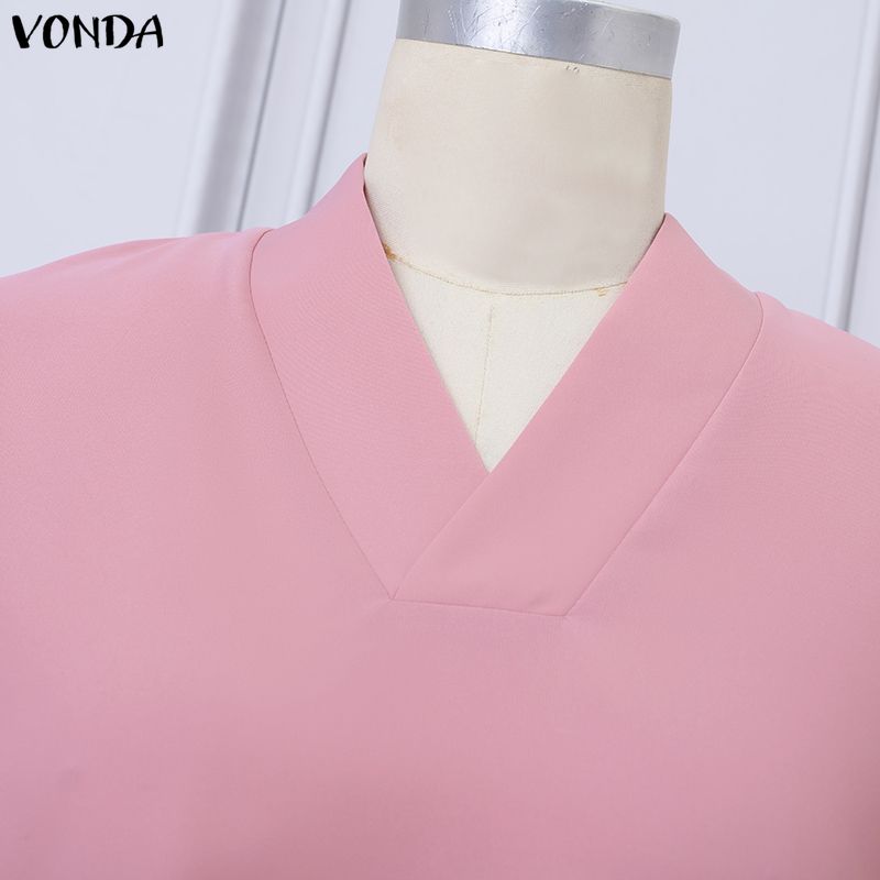 VONDA Plus Size Women Casual Loose V Neck Long Sleeve High Split Irregular Long Blouse Tops