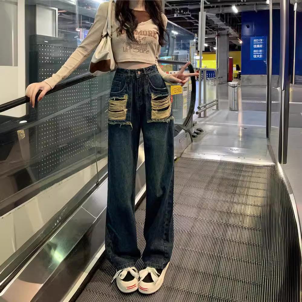 Design-sensing High Waist Pocket Ripped Jeans for Women's Spring New Loose Slimming Pants Wide-leg Long Trousers