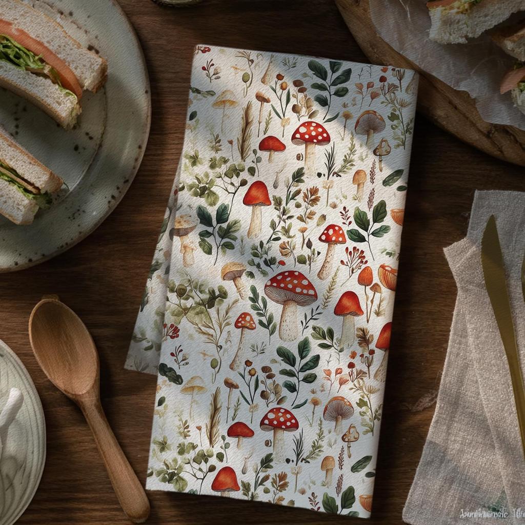 Cottagecore Mushroom Kitchen Towels Decorative, Farmhouse Wildflower Botanical Dish Hand Tea Towels, Rustic Mushroom Kitchen Bathroom Decor, 16x24