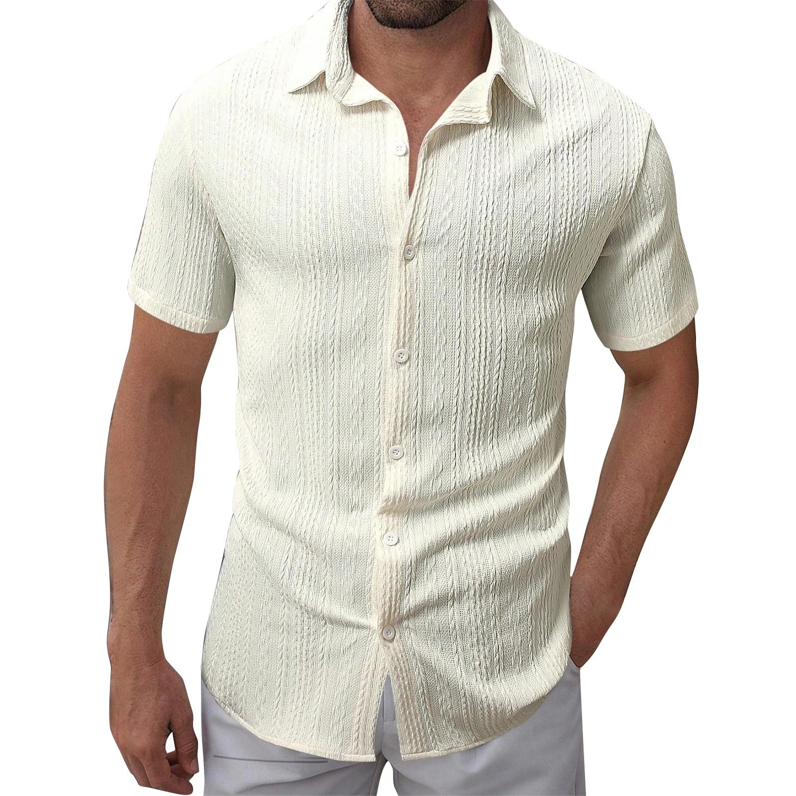 

Мужская однотонная текстурированная повседневная рубашка свободного кроя с лацканами на пуговицах и короткими рукавами XL бежевый