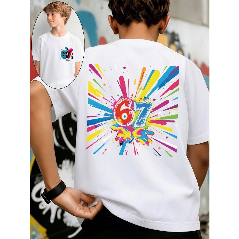 Boys Short Sleeve T-Shirt, Double Sided Print with Number 67 Graphic on Front Chest, Summer Fashion Kids Casual Tee 110