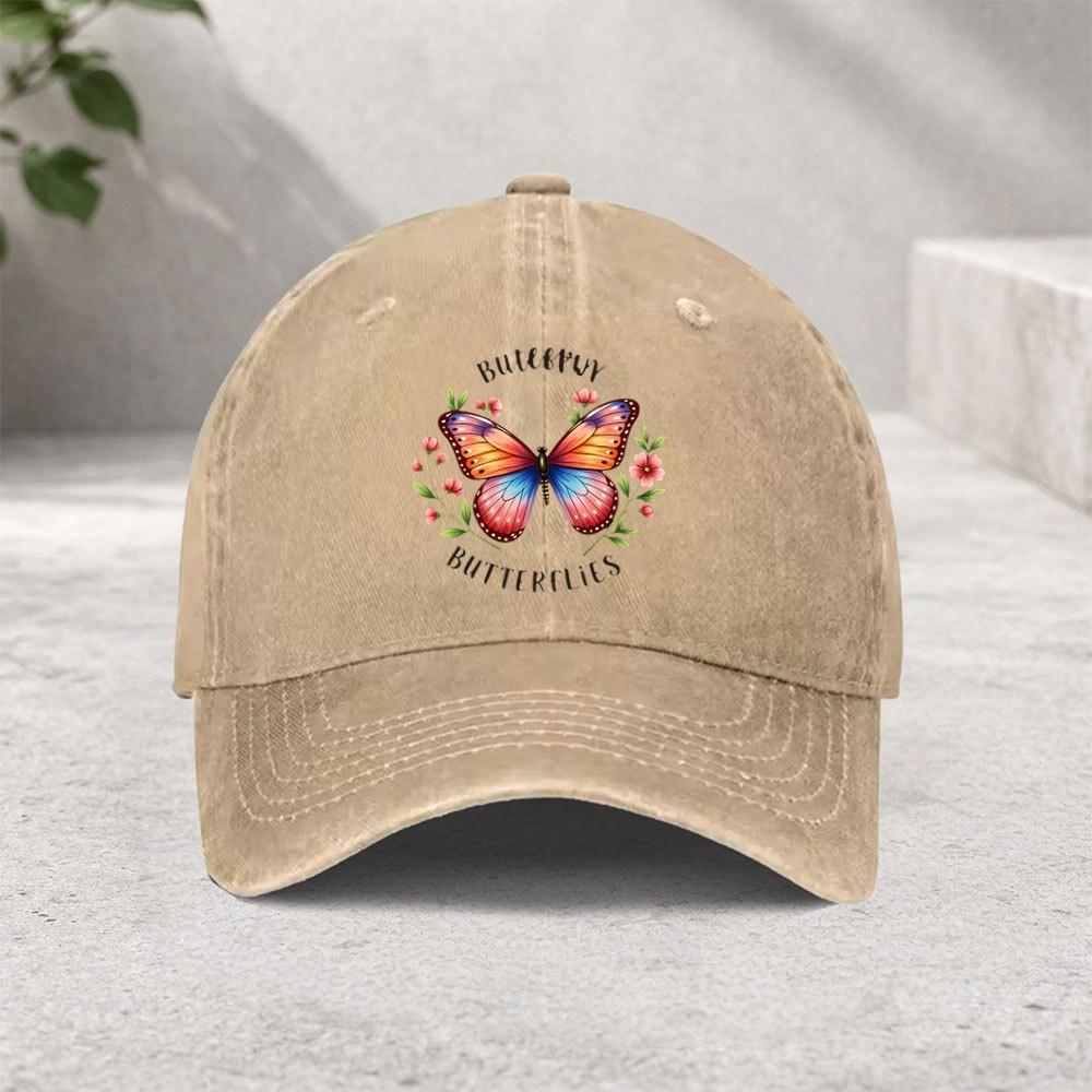 Colorful Butterfly Floral Baseball Cap Washed Denim Adjustable Street HipHop Hat