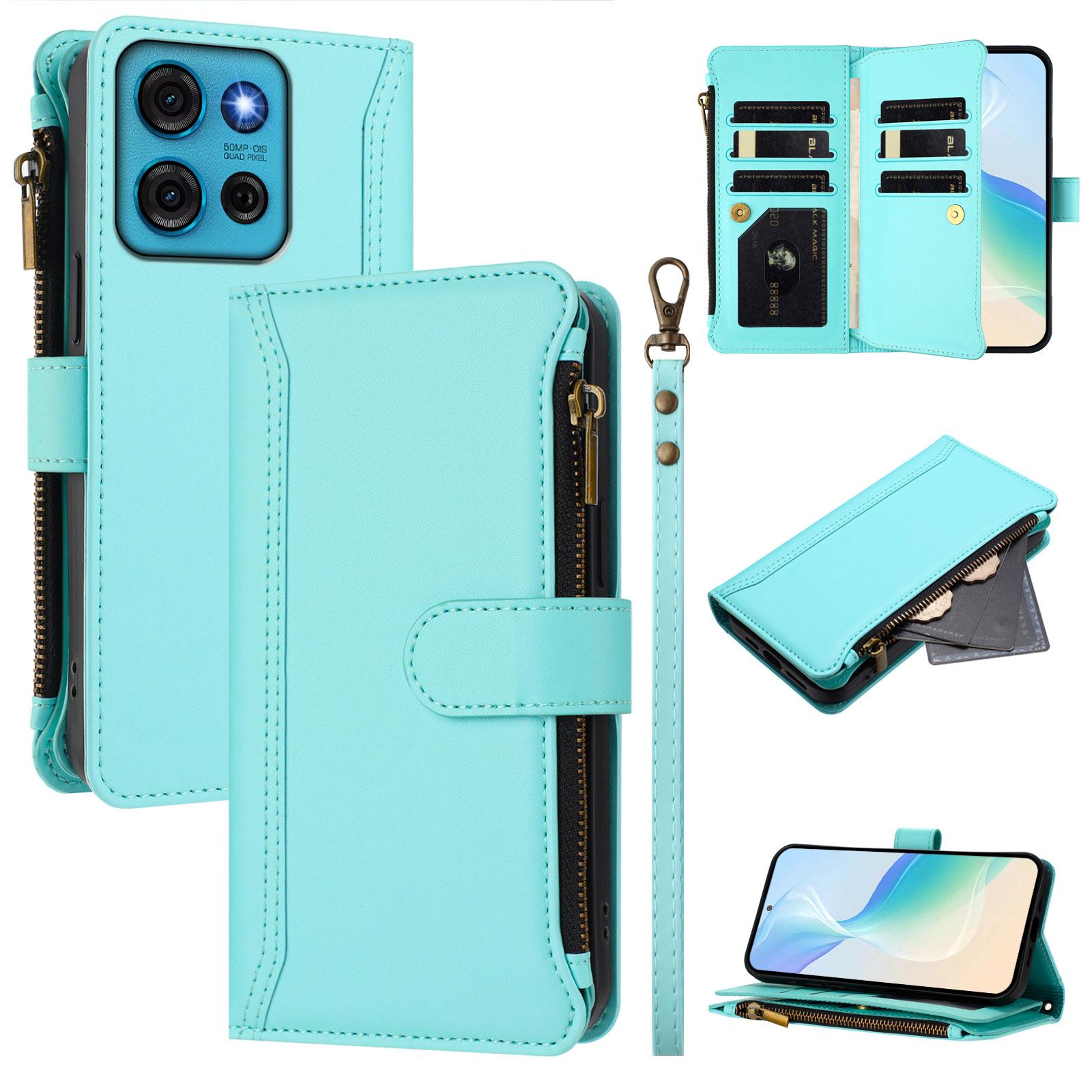 

For Motorola Moto G75 5G Leather Case 9 Card Slots Zipper Wallet Stand Phone Cover with Wrist Strap Mint Green