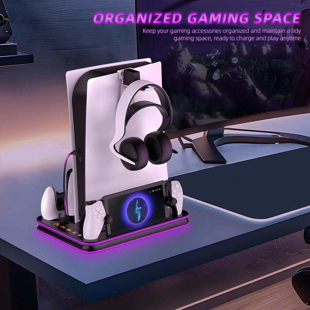 Multifunctional Charging Dock with Cooling Fan for PS5 - Vertical RGB LED Controller Charging Station for PS5 Pro/Slim/Digital Consoles/Discs
