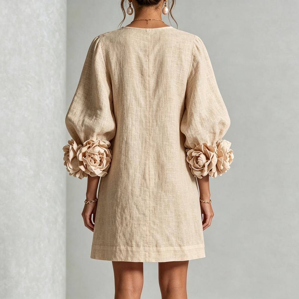 Women's 3D Floral Sleeve Dress, Cotton Linen Casual Dress for Everyday Wear
