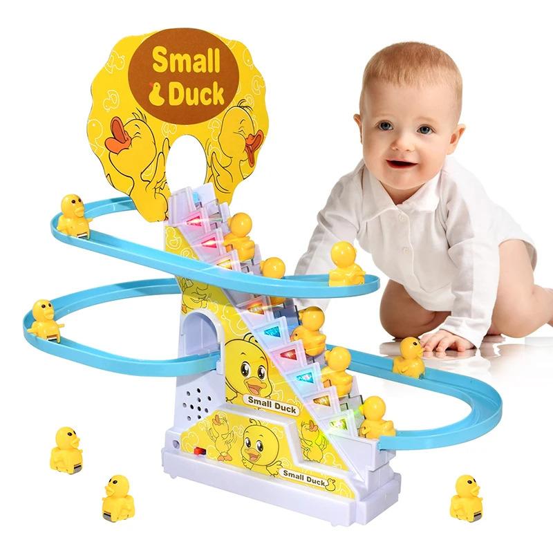 Electric Duck Climbing Stairs Toy, DIY Roller Coaster Track Building Set with Light & Sound, STEM Educational Engineering Gift