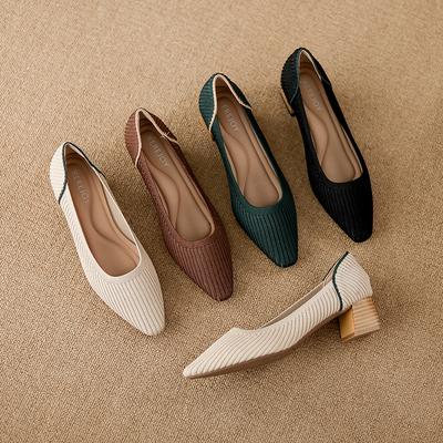 Small Square Head Princess Shoes Thick Heel Wood Grain Straight Stripe Breathable Knitted Shoes Soft Sole One Pedal Lazy Casual Woven Shoes