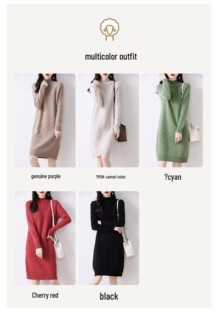Women's Mid-Length Thickened Pure Wool Knitted Dress with Half-High Collar and Long Sleeves