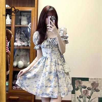 Lazy Style French Style Square Collar Puff Sleeve Floral Dress Women's Summer Holiday Style Tight Waist A- Line Short Skirt