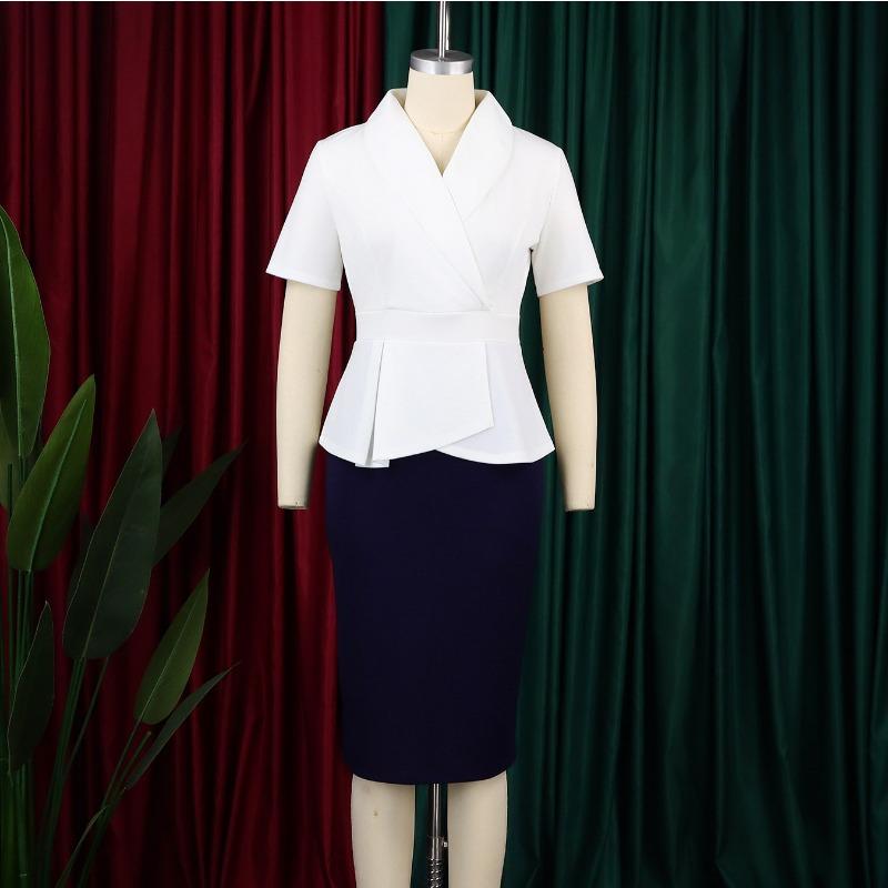 Übergröße Damen Kurzarm Rüschen Farbblock Hoher Bund Bodycon Midi Kleid