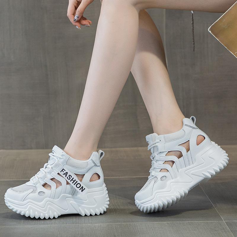 -99 увеличение внутренней высоты на 7 см кожаные кроссовки папы для женщин весенняя новинка универсальная корейская версия толстая подошва маффин-брейк 33 белый 4359₽