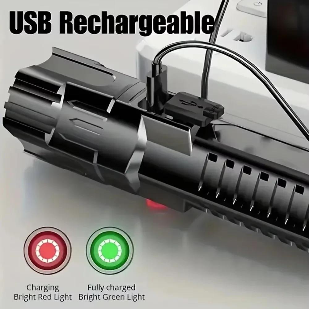 High Strong Power Led Flashlights EDC Tactical Zoomable Torch 3 Modes USB-C Rechargeable Work Fishing Emergency Defense Lantern