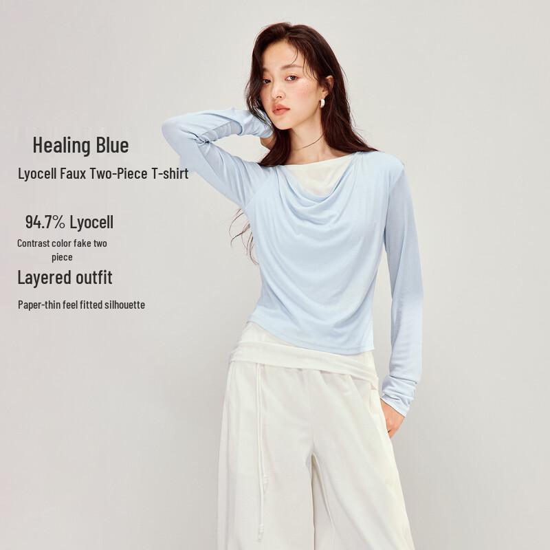 INMAN Women s Lyocell Blend Faux Two-Piece Cowl Neck Long Sleeve T-Shirt M