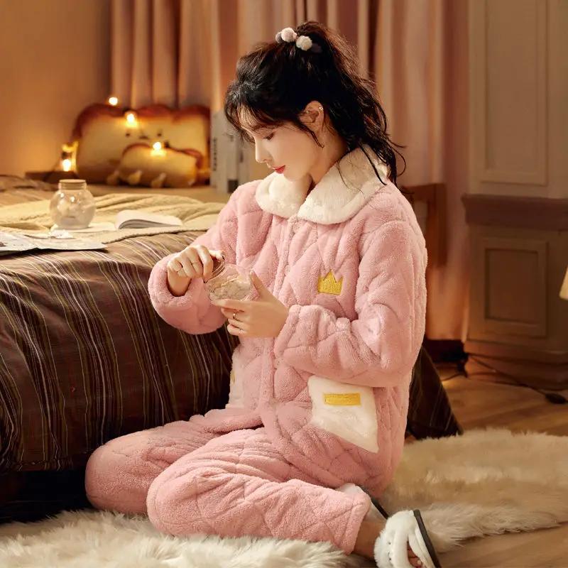 Ms. Autumn and Winter Coral Fleece Intensification Brushed Warm Flannel Loungewear Large Size Set Pajama Set Sleepwear Women