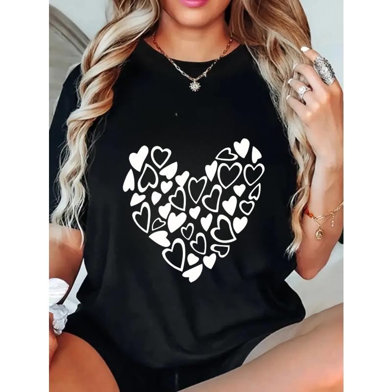 Oversized T Shirt Black Heart Pattern Print Casual Wear For Women Summer Fashion Street Style Top