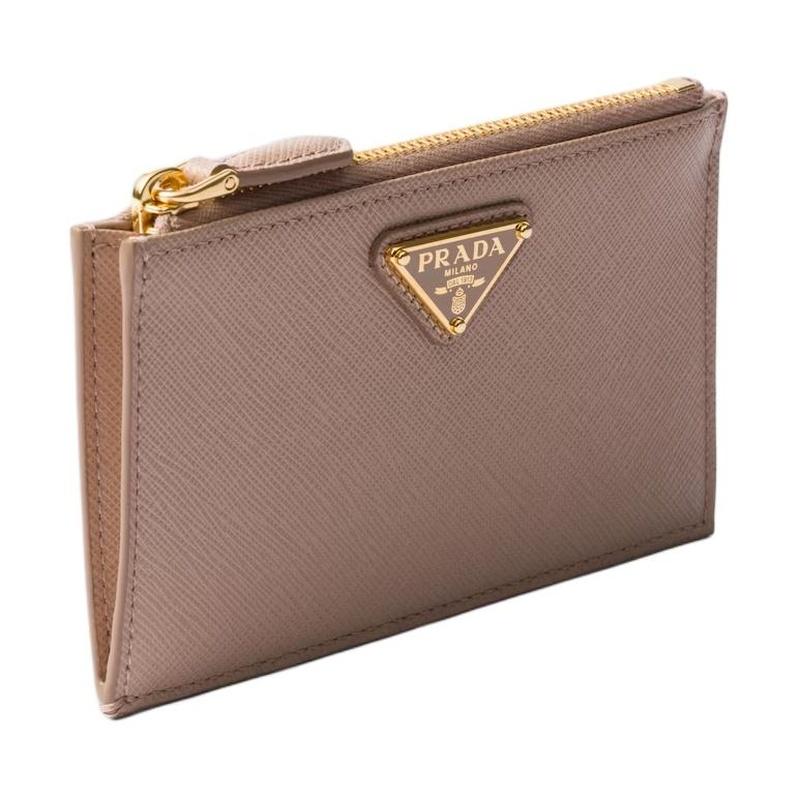 Prada Saffiano Enamel Metal Triangle Logo Zipper Closure Cowhide Card Holder Women's Nude Pink