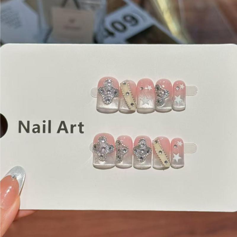 10Pcs Pink White Gradient Press On Nails - Star Rhinestone Fake Nails XS