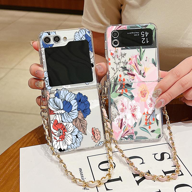 

Для Samsung Galaxy Z Flip6 Flip5 Flip4 Flip3 Узор из цветов и листьев, ремешок через плечо, противоударный, 2 шт., складной прозрачный тонкий чехол Samsung Z Flip6