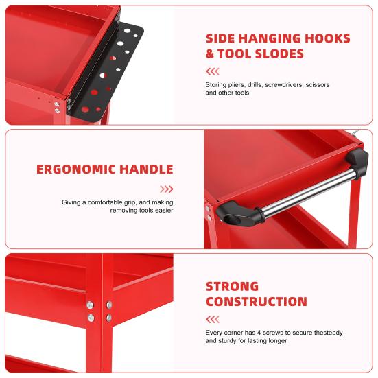 Three Tier Tool Cart 3-Tier Rolling Cart, Metal Heavy Duty Utility with Side Hooks, Mobile Organizer 4 Wheels, Handle, 330lbs Load Capacity