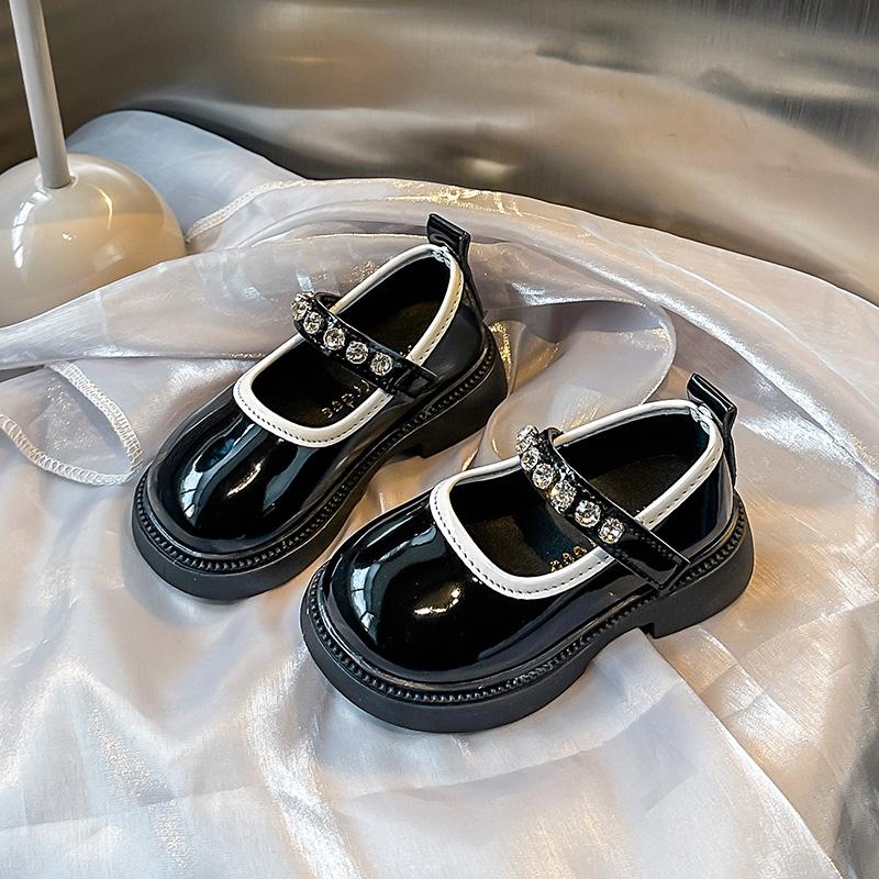 Girls Leather Shoes Black Glossy Kids Flat Shoes Round Toes Non-slip 2025 New Girls Princess Shoes Shiny Crystal Ins Trend Sweet