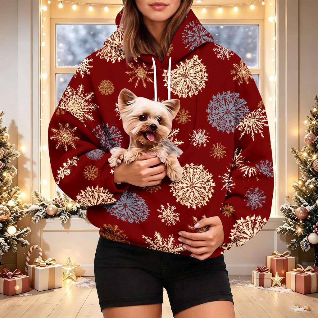 Women's Fashion Christmas Print Hoodie with Pet Pocket, Casual Pullover for Holiday Wear