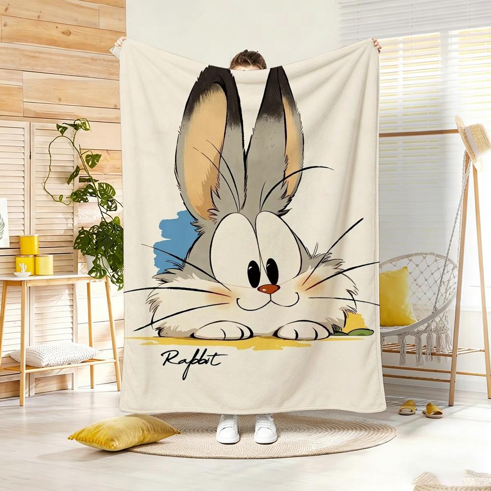 Illustration Cartoon Rabbit Throw Lightweight G Flannel Blanket Soft Skinfriendly for Summer Cooling