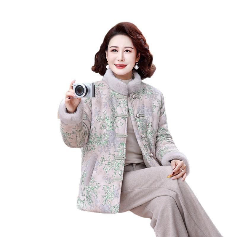 Women's Mid-Age Thickened Cotton Jacket with Fleece, Autumn & Winter Tang Style Short Coat for Middle-Aged & Elderly
