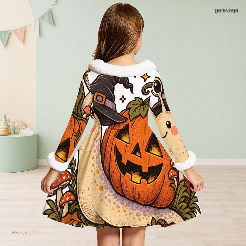 Girls High Neck Long Sleeve Halloween Black Cat Pumpkin Printed Fuzzy Trim A Line Dress