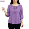 Blusa informal holgada de color liso con cuello redondo y mangas 3/4 para mujer