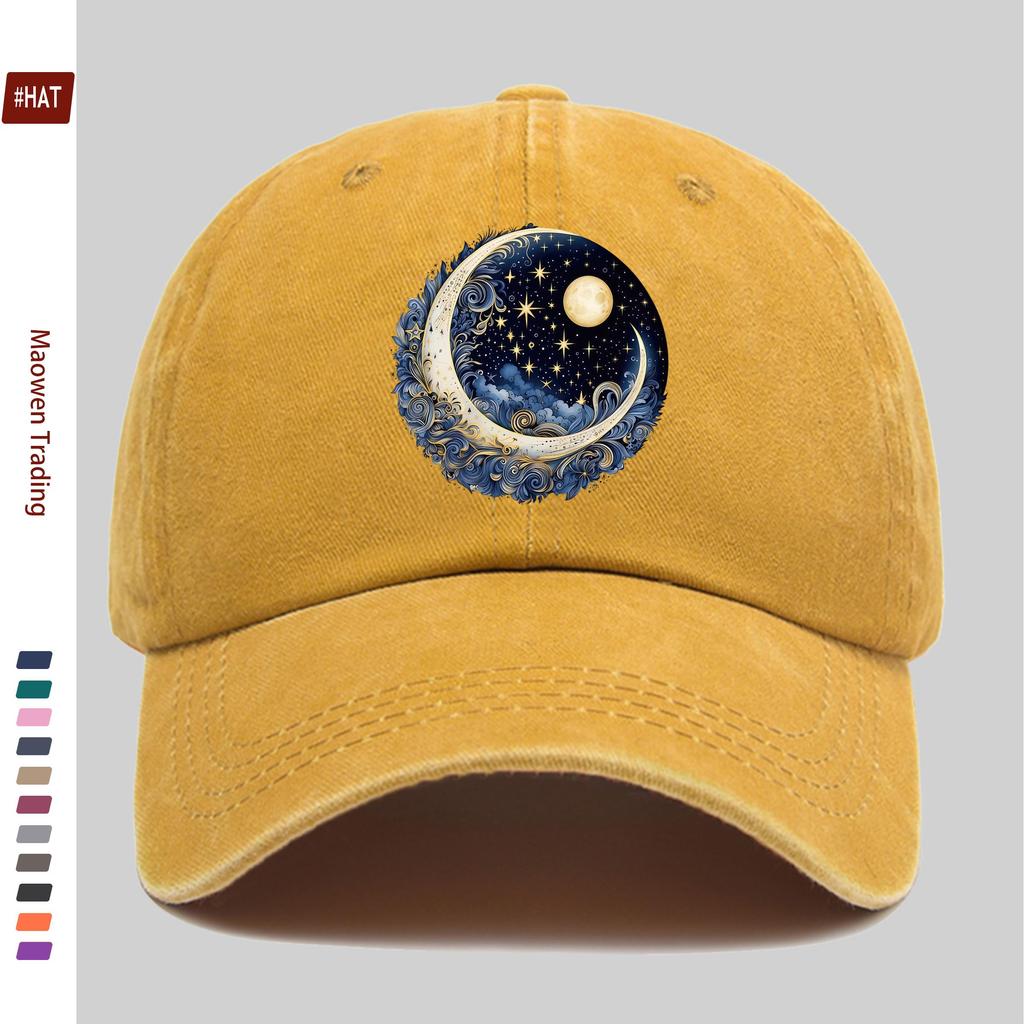 Pc Mysterious IronOn Patch Cosmic Night Sky Design Print Baseball Cap with Stars Swirling Clouds And Crescent Pattern Fash