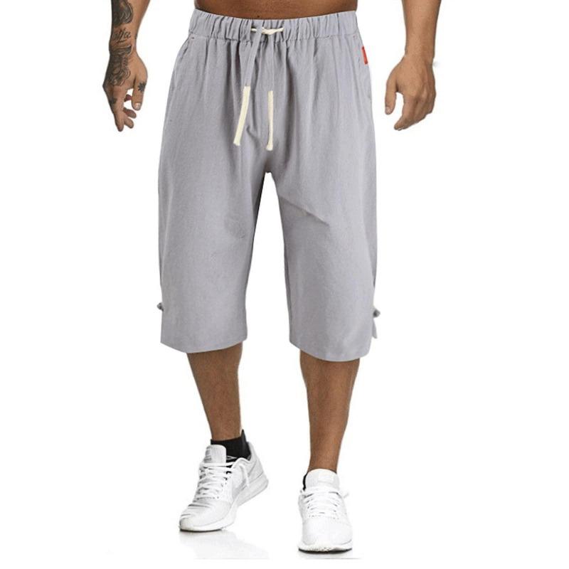 

Мужские свободные хлопковые льняные повседневные брюки с эластичной резинкой на талии, пляжные брюки, льняные укороченные брюки XXXXXL