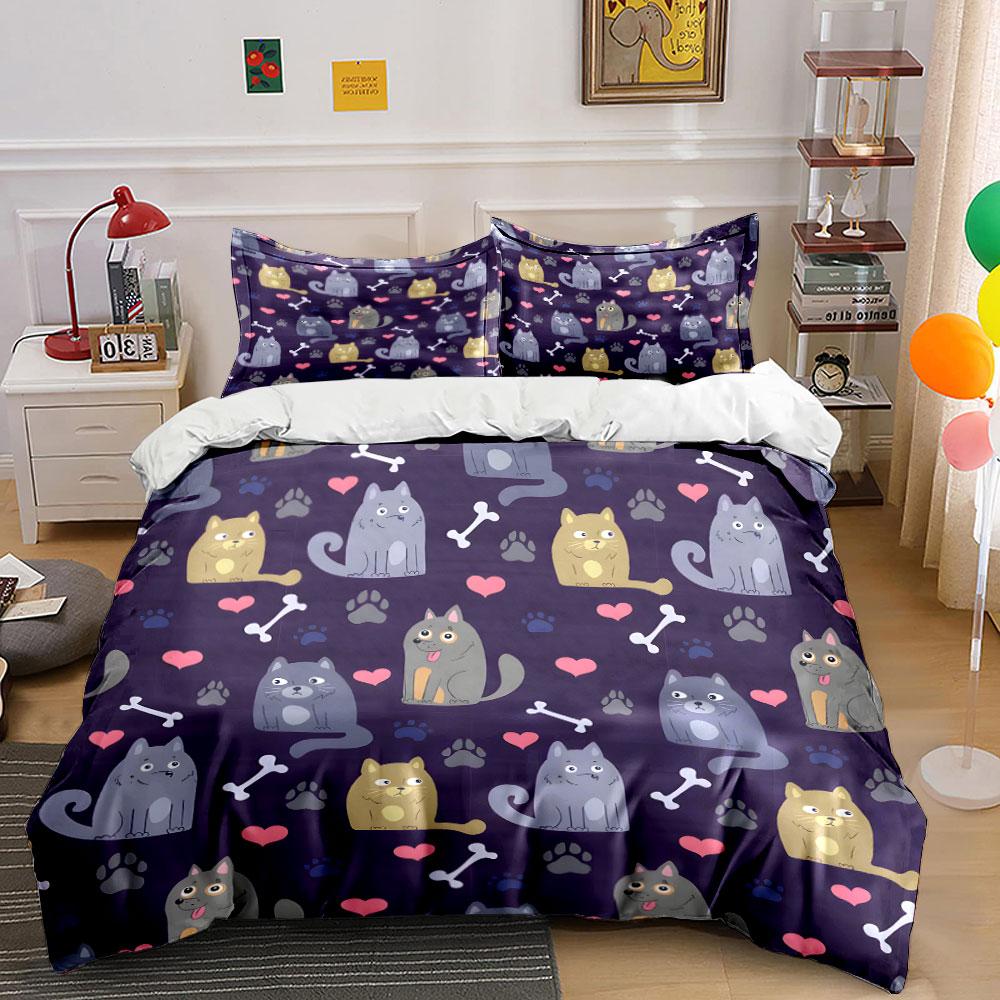 Cute Cats, Bones, and Paw Prints Bedding Duvet Cover Set (1*Duvet Cover 2*Pillowcases, Without Duvet Insert)