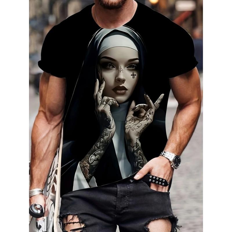 Men's with Smoking Nun 3D Graphic T-Shirt Black Casual Summer