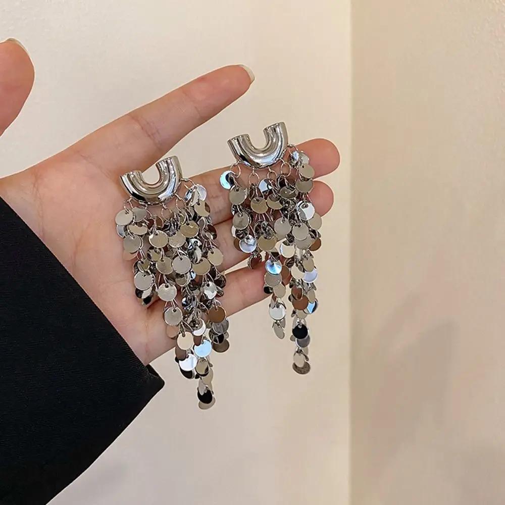 Charm Silver Long Tassel Dangle Earrings Bling Bling Alloy Metal Sequin Earrings Ear Drop Fashion Jewelry Gold Earrings Girl