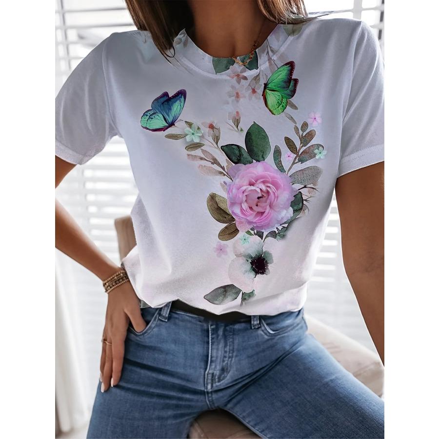 

Women s Tee - Pink Peony & Butterfly Floral Graphic, Dark Elegant Garden Design for Casual Daily Wear 6XL