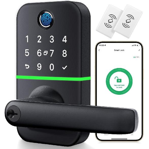 Keypad Smart Door Lock with Handle: Kucacci Keyless Entry Fingerprint Lock - Digital Code Handle with Keypad - Electronic Smart Knob for Front Door -