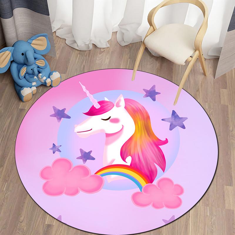Alfombra redonda con bonitos dibujos de unicornios para dormitorio de niños, alfombra antideslizante para gatear, alfombra para sala de estar, felpudo decorativo para el baño