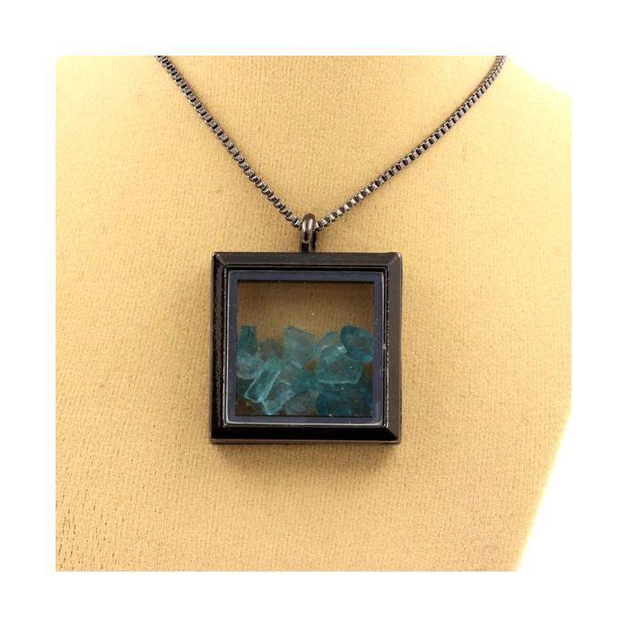 Stones and Minerals. Raw Paraiba Apatite Necklace. Square Model. Color Black.