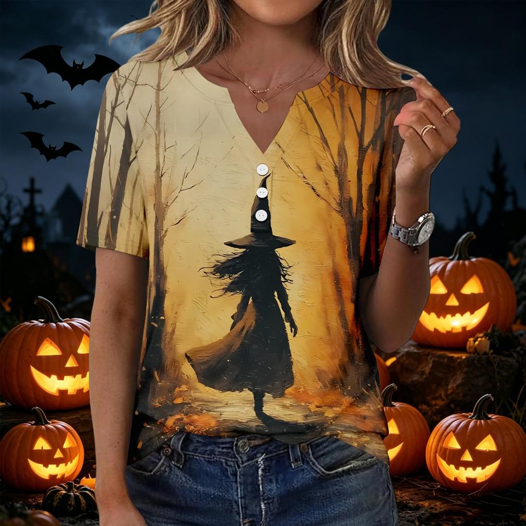 Womens Casual V Neck Short Sleeve Button T Shirt Halloween Pumpkin Witch Print Top Lightweight Comfortable Fit