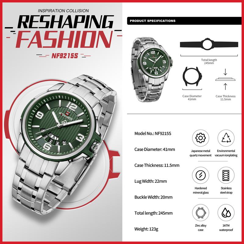 Naviforce Watch for Men Waterproof Casual Watches Quartz Calendar Wristwatch NF9215S