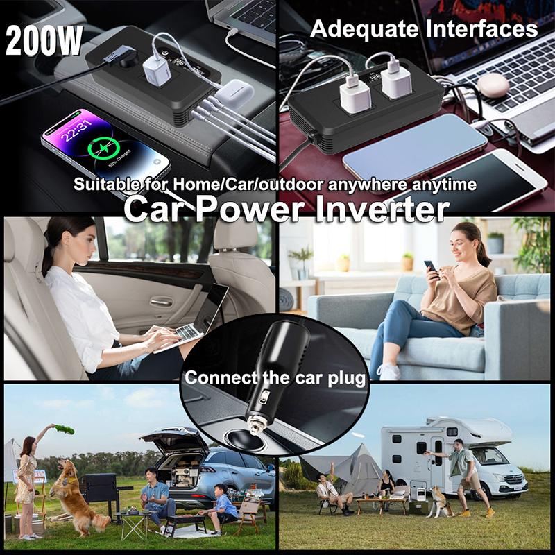 200W Multifunctional Car Inverter 12V to 220V EU Sockets USB C Port Cigarette Lighter Plug for Drivers