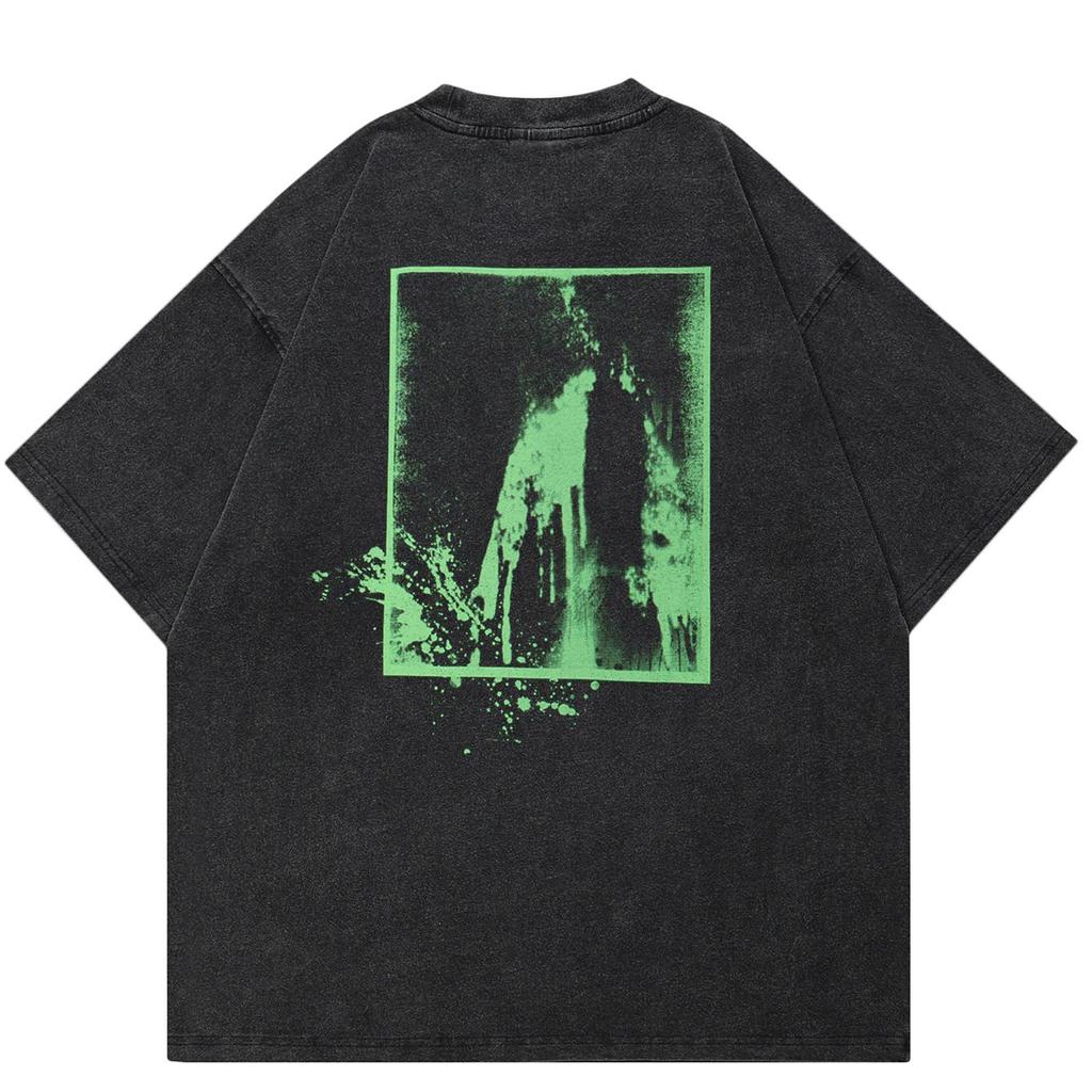 2024 Streetwear Both Sides Waterfall Graphic Unisex T-Shirt Cotton Washed Black Tshirt Unisex Tops Tees Summer Short Sleeves T Shirt