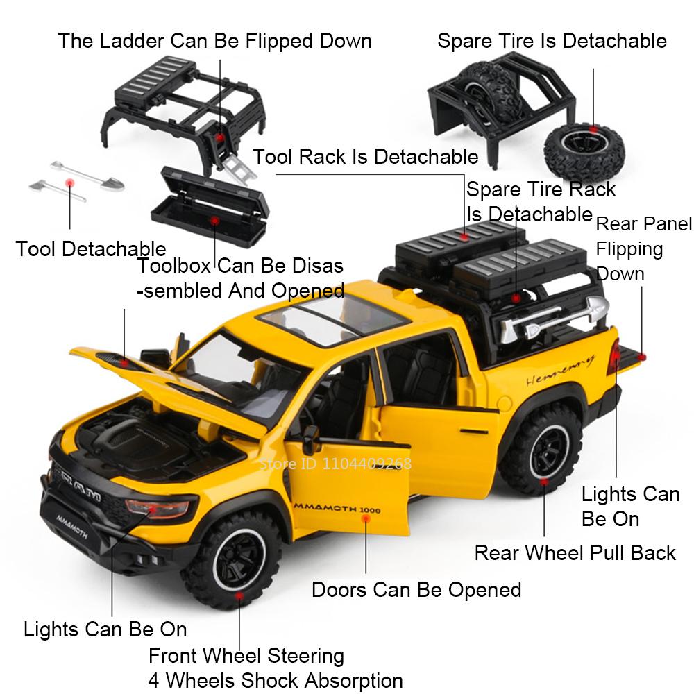 1:32 RAM Mammoth Pickup Model Toy Car Front Wheel Steering Alloy Body Simulated Off-road Truck Models Toys Sound Light Gifts