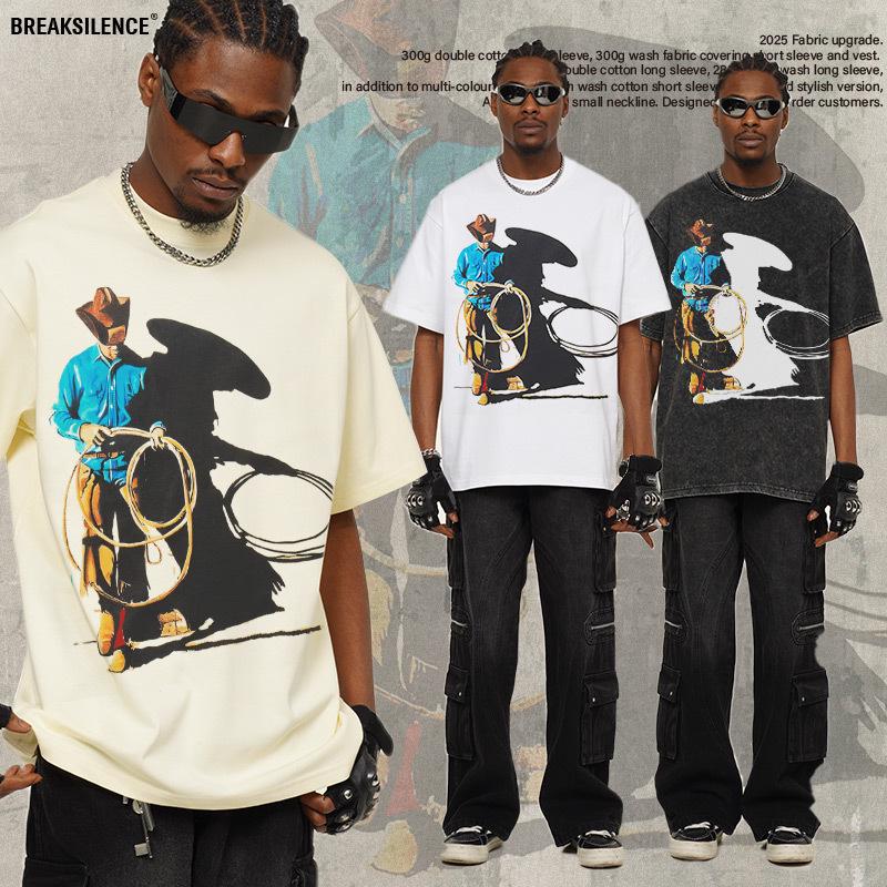 

2025 Retro American Distressed Denim T-shirt - Pure Cotton Heavyweight, Short Sleeve for Men M